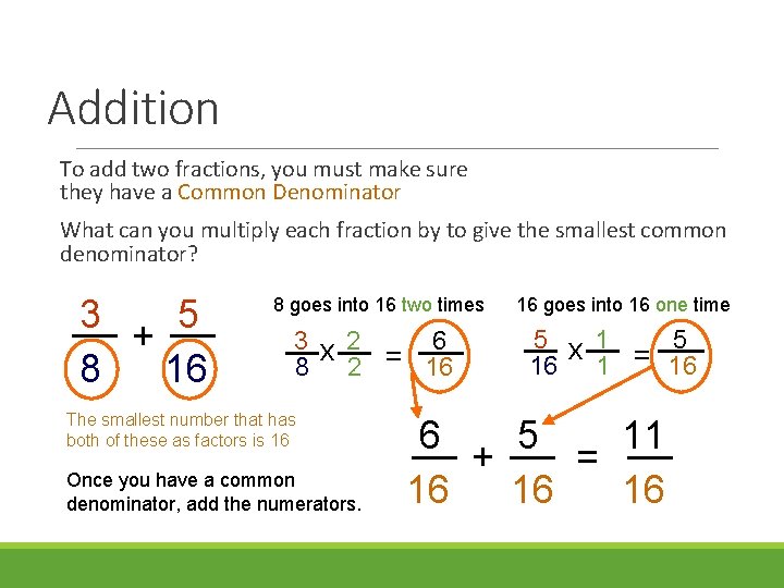 Addition To add two fractions, you must make sure they have a Common Denominator