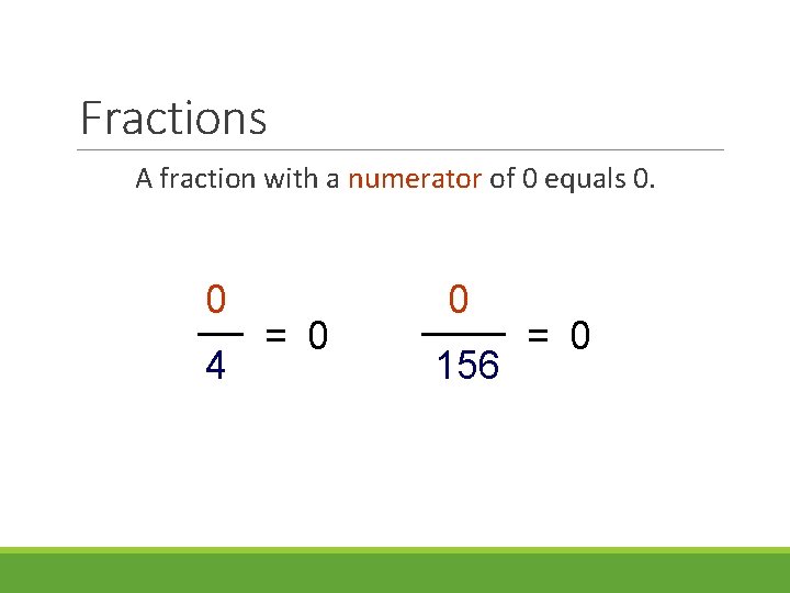 Fractions A fraction with a numerator of 0 equals 0. 0 4 = 0