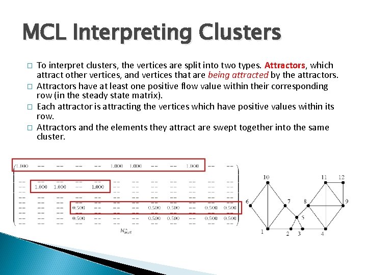 MCL Interpreting Clusters � � To interpret clusters, the vertices are split into two