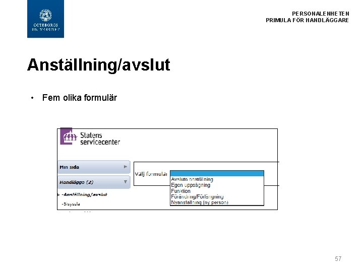  PERSONALENHETEN PRIMULA FÖR HANDLÄGGARE Anställning/avslut • Fem olika formulär 57 