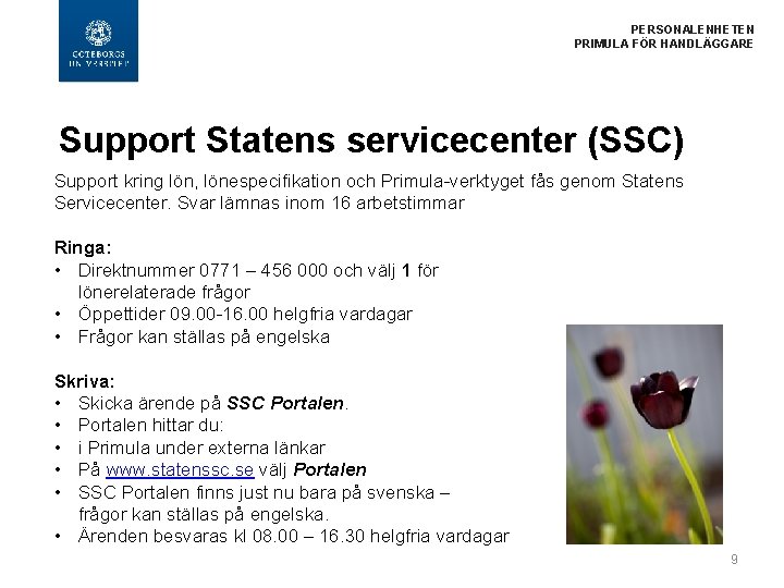  PERSONALENHETEN PRIMULA FÖR HANDLÄGGARE Support Statens servicecenter (SSC) Support kring lön, lönespecifikation och
