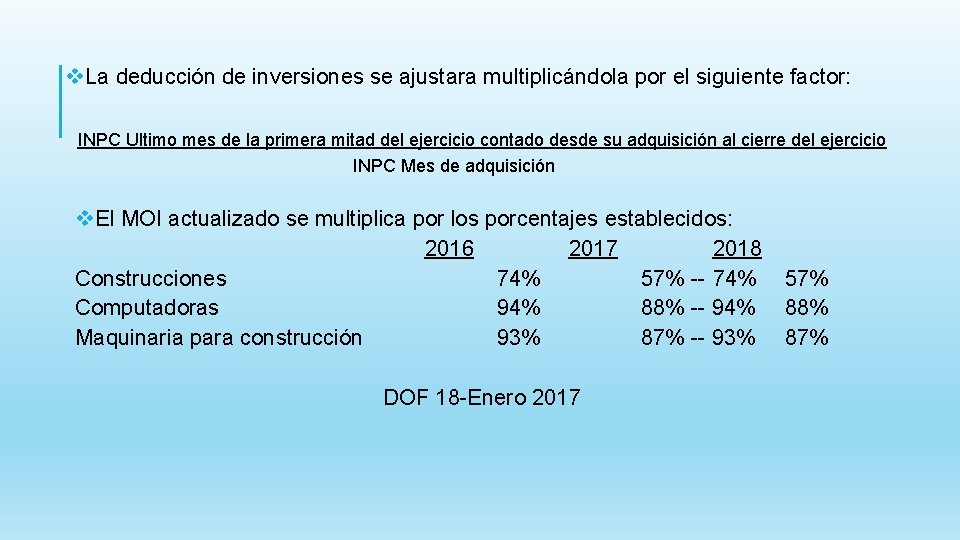 v. La deducción de inversiones se ajustara multiplicándola por el siguiente factor: INPC Ultimo