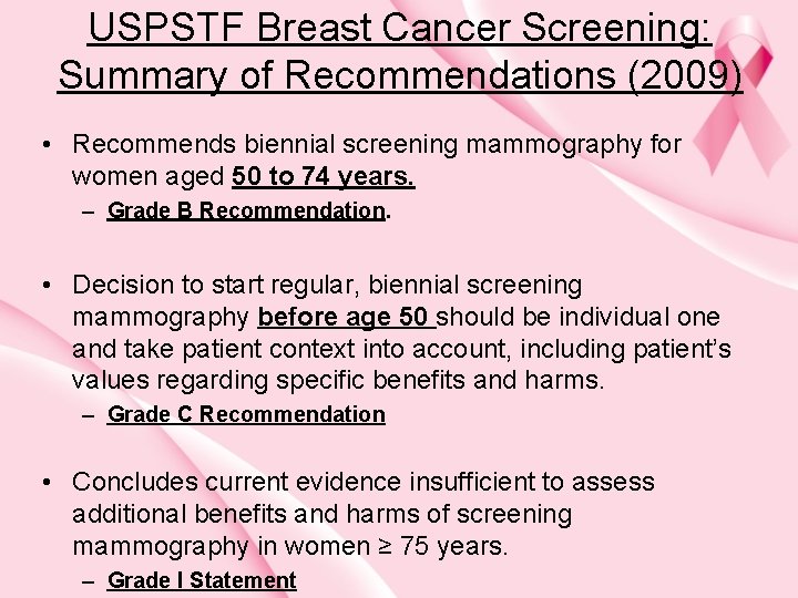 USPSTF Breast Cancer Screening: Summary of Recommendations (2009) • Recommends biennial screening mammography for