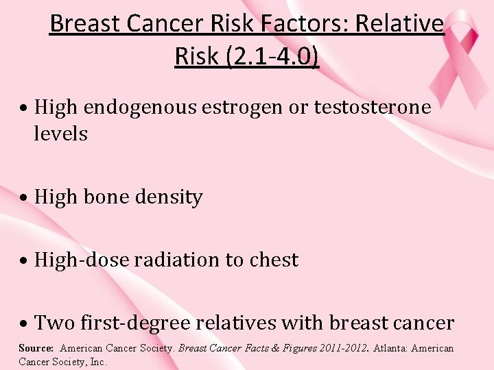 Breast Cancer Risk Factors: Relative Risk (2. 1 -4. 0) • High endogenous estrogen