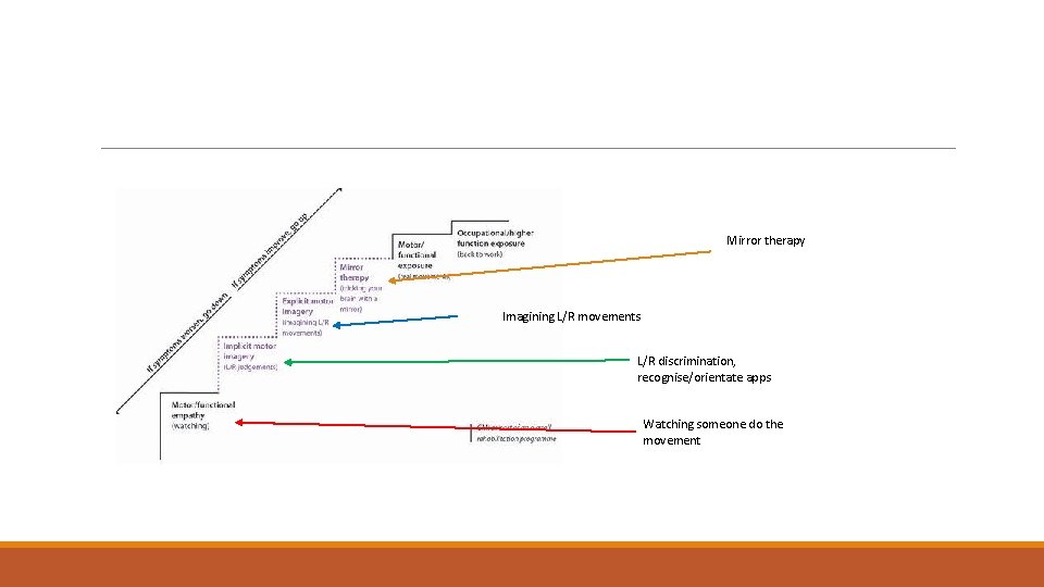 Mirror therapy Imagining L/R movements L/R discrimination, recognise/orientate apps Watching someone do the movement