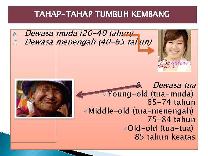 TAHAP-TAHAP TUMBUH KEMBANG 6. 7. Dewasa muda (20 -40 tahun) Dewasa menengah (40 -65