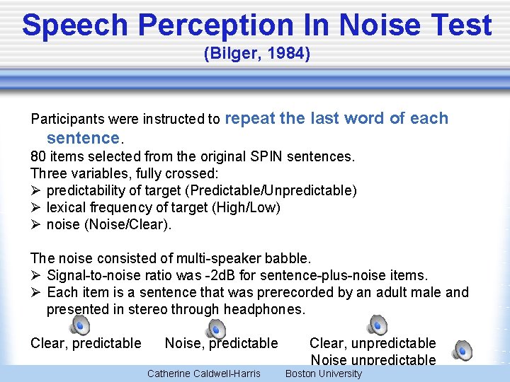 Speech Perception In Noise Test (Bilger, 1984) Participants were instructed to repeat the last