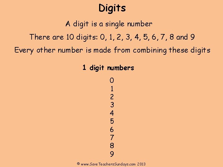Digits A digit is a single number There are 10 digits: 0, 1, 2,