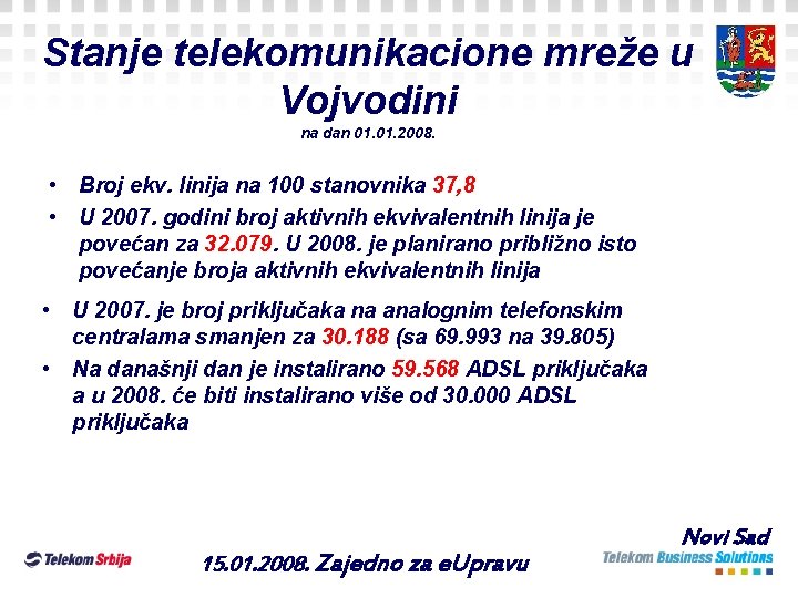 Stanje telekomunikacione mreže u Vojvodini na dan 01. 2008. • Broj ekv. linija na Stanje telekomunikacione mreže u Vojvodini na dan 01. 2008. • Broj ekv. linija na