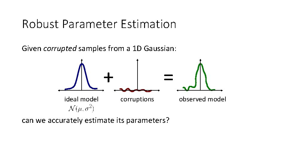 Robust Parameter Estimation Given corrupted samples from a 1 D Gaussian: + ideal model