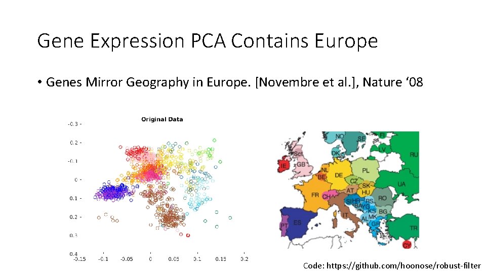 Gene Expression PCA Contains Europe • Genes Mirror Geography in Europe. [Novembre et al.