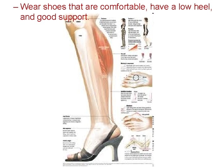 – Wear shoes that are comfortable, have a low heel, and good support. 