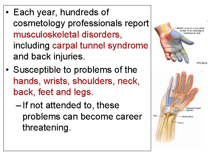  • Each year, hundreds of cosmetology professionals report musculoskeletal disorders, including carpal tunnel