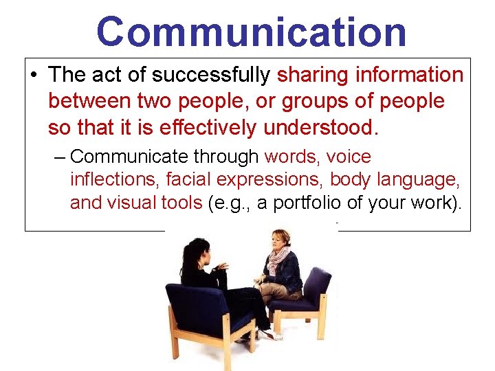 Communication • The act of successfully sharing information between two people, or groups of