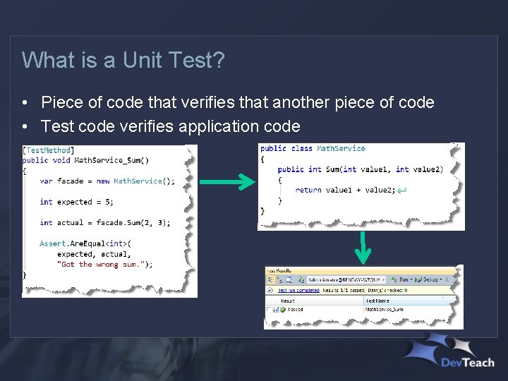 What is a Unit Test? • Piece of code that verifies that another piece