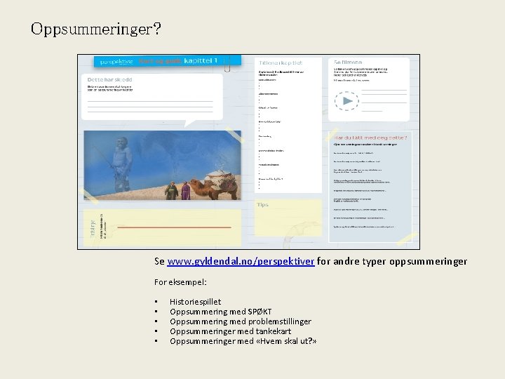 Oppsummeringer? Se www. gyldendal. no/perspektiver for andre typer oppsummeringer For eksempel: • • •