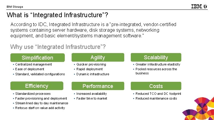 IBM Storage What is “Integrated Infrastructure”? According to IDC, Integrated Infrastructure is a “pre-integrated,