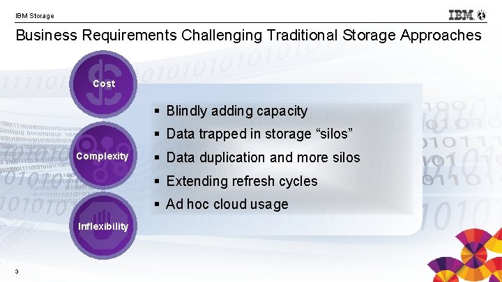 IBM Storage Business Requirements Challenging Traditional Storage Approaches Cost § Blindly adding capacity §