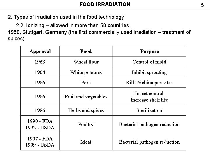 FOOD IRRADIATION 5 2. Types of irradiation used in the food technology 2. 2.