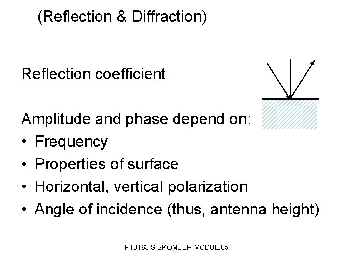 (Reflection & Diffraction) Reflection coefficient Amplitude and phase depend on: • Frequency • Properties