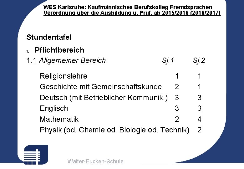 WES Karlsruhe: Kaufmännisches Berufskolleg Fremdsprachen Verordnung über die Ausbildung u. Prüf. ab 2015/2016 (2016/2017)