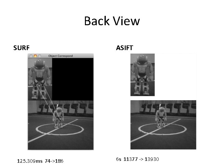 Back View SURF 125. 309 ms 74 ->186 ASIFT 6 s 11377 -> 13930