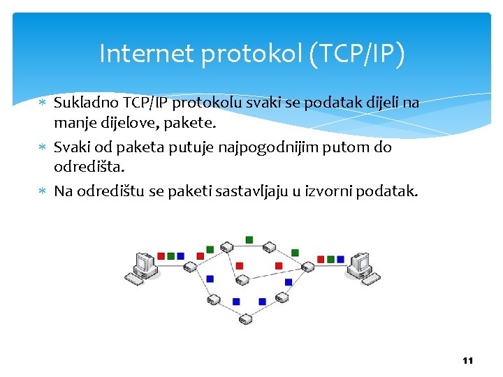 Internet protokol (TCP/IP) Sukladno TCP/IP protokolu svaki se podatak dijeli na manje dijelove, pakete.