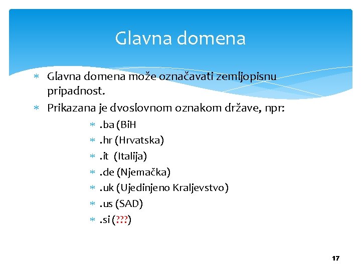 Glavna domena može označavati zemljopisnu pripadnost. Prikazana je dvoslovnom oznakom države, npr: . ba