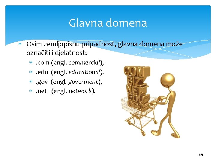 Glavna domena Osim zemljopisnu pripadnost, glavna domena može označiti i djelatnost: . com (engl.