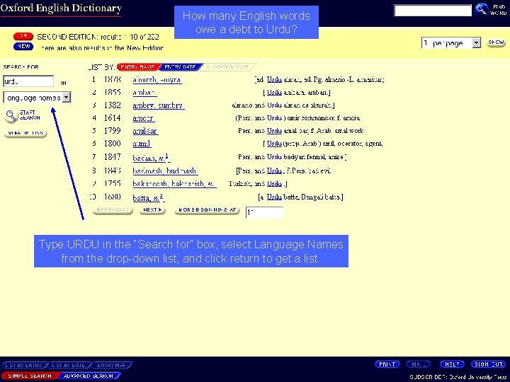 How many English words owe a debt to Urdu? Type URDU in the “Search