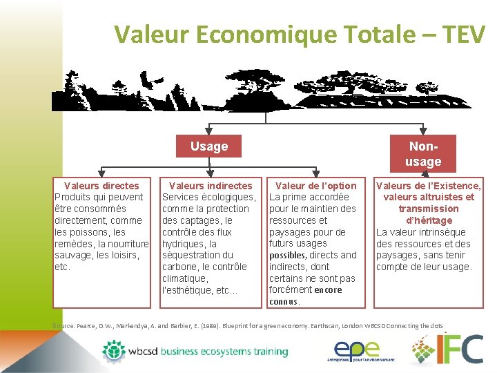 Valeur Economique Totale – TEV Nonusage Usage Valeurs directes Produits qui peuvent être consommés