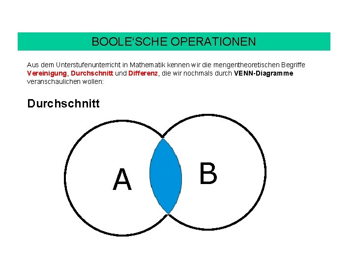 BOOLE‘SCHE OPERATIONEN Aus dem Unterstufenunterricht in Mathematik kennen wir die mengentheoretischen Begriffe Vereinigung, Durchschnitt BOOLE‘SCHE OPERATIONEN Aus dem Unterstufenunterricht in Mathematik kennen wir die mengentheoretischen Begriffe Vereinigung, Durchschnitt