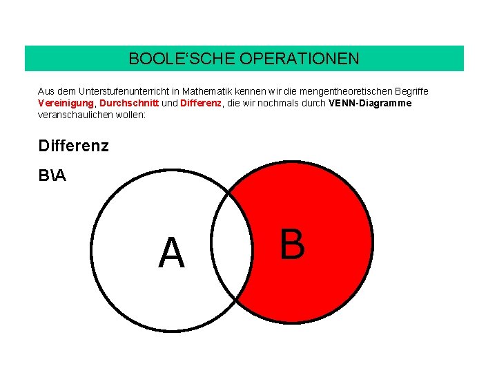 BOOLE‘SCHE OPERATIONEN Aus dem Unterstufenunterricht in Mathematik kennen wir die mengentheoretischen Begriffe Vereinigung, Durchschnitt BOOLE‘SCHE OPERATIONEN Aus dem Unterstufenunterricht in Mathematik kennen wir die mengentheoretischen Begriffe Vereinigung, Durchschnitt