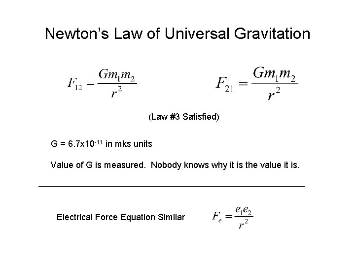 Newton’s Law of Universal Gravitation (Law #3 Satisfied) G = 6. 7 x 10