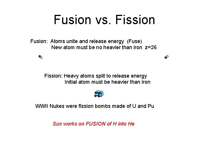 Fusion vs. Fission Fusion: Atoms unite and release energy (Fuse) New atom must be