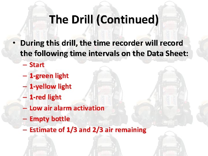 The Drill (Continued) • During this drill, the time recorder will record the following