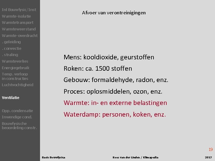 Inl Bouwfysic/Inst Afvoer van verontreinigingen Warmte-isolatie Warmtetransport Warmteweerstand Warmte-overdracht. geleiding. convectie. straling Warmteverlies Energiegebruik