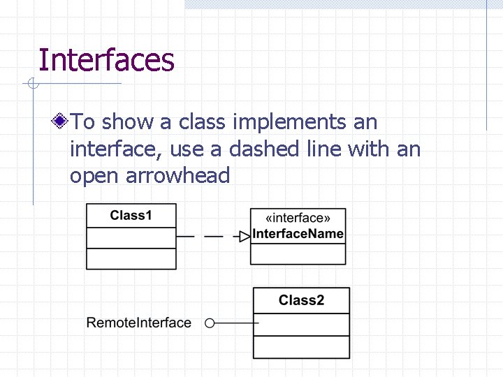 Interfaces To show a class implements an interface, use a dashed line with an