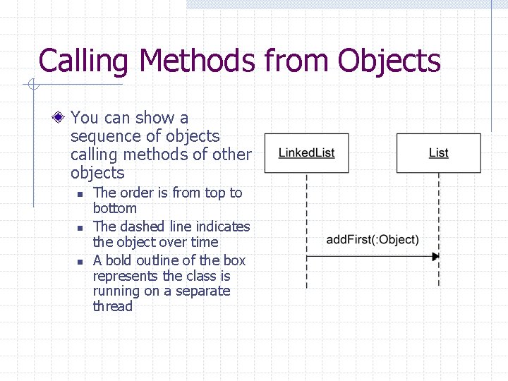 Calling Methods from Objects You can show a sequence of objects calling methods of