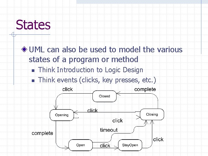 States UML can also be used to model the various states of a program