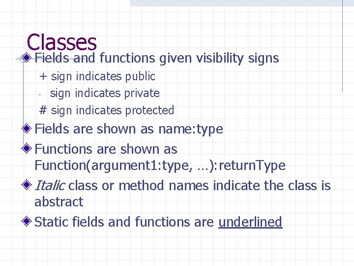 Classes Fields and functions given visibility signs + sign indicates public - sign indicates