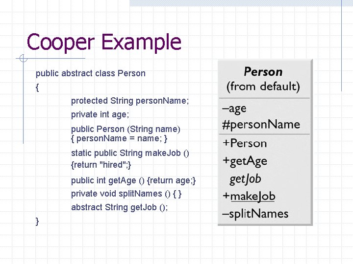 Cooper Example public abstract class Person { protected String person. Name; private int age;