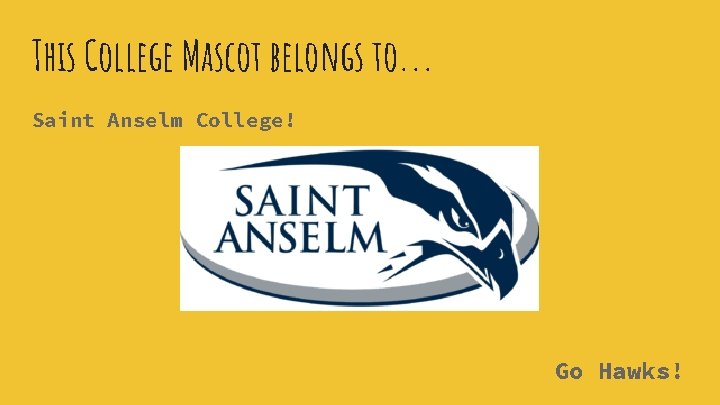 This College Mascot belongs to. . . Saint Anselm College! Go Hawks! 