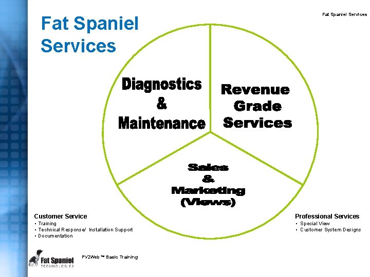 Fat Spaniel Services Diagnostics and Maintenance • Direct device communication • Performance status monitoring