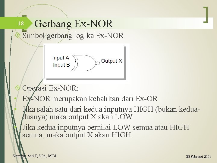 18 Gerbang Ex-NOR Simbol gerbang logika Ex-NOR Operasi Ex-NOR: • Ex-NOR merupakan kebalikan dari