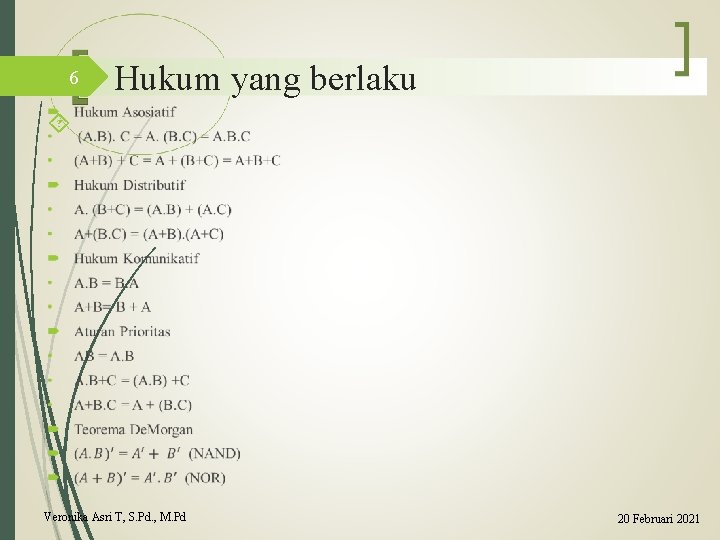 6 Hukum yang berlaku Veronika Asri T, S. Pd. , M. Pd 20 Februari