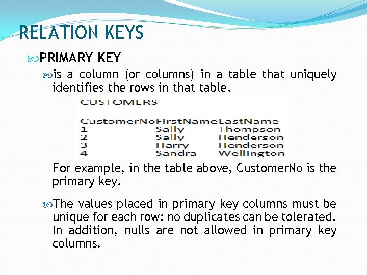 RELATION KEYS PRIMARY KEY is a column (or columns) in a table that uniquely
