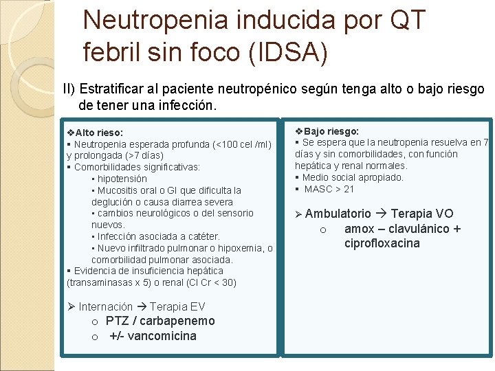 Neutropenia inducida por QT febril sin foco (IDSA) II) Estratificar al paciente neutropénico según