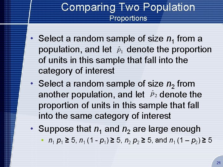 Comparing Two Population Proportions • Select a random sample of size n 1 from