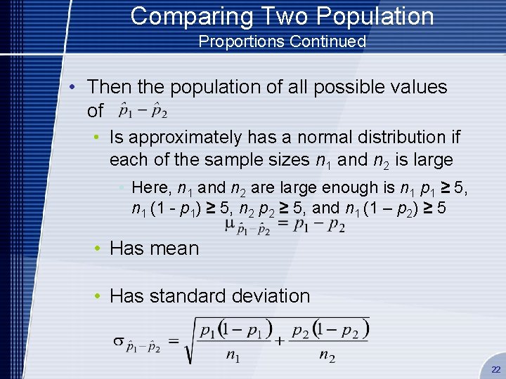 Comparing Two Population Proportions Continued • Then the population of all possible values of